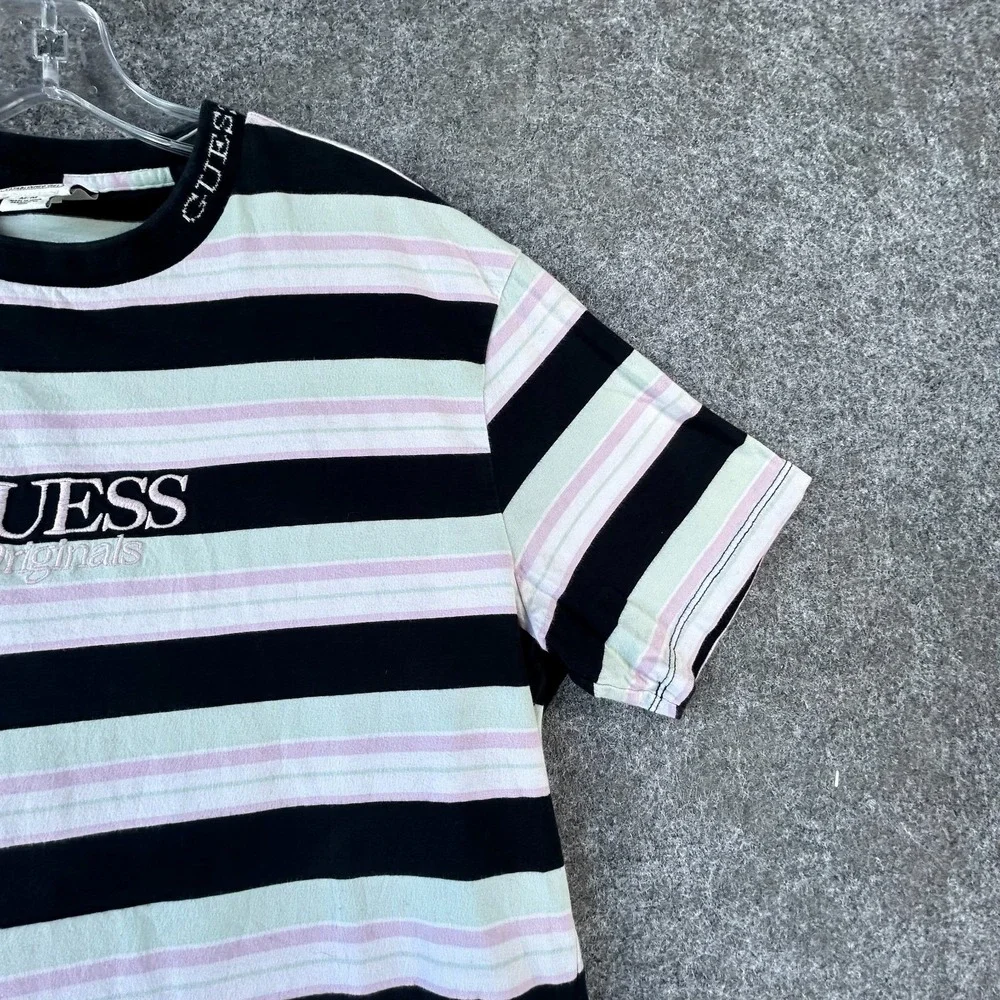 Guess Originals Crewneck T-Shirt Mens M White Black Striped Rogers Short Sleeve - Picture 6 of 16